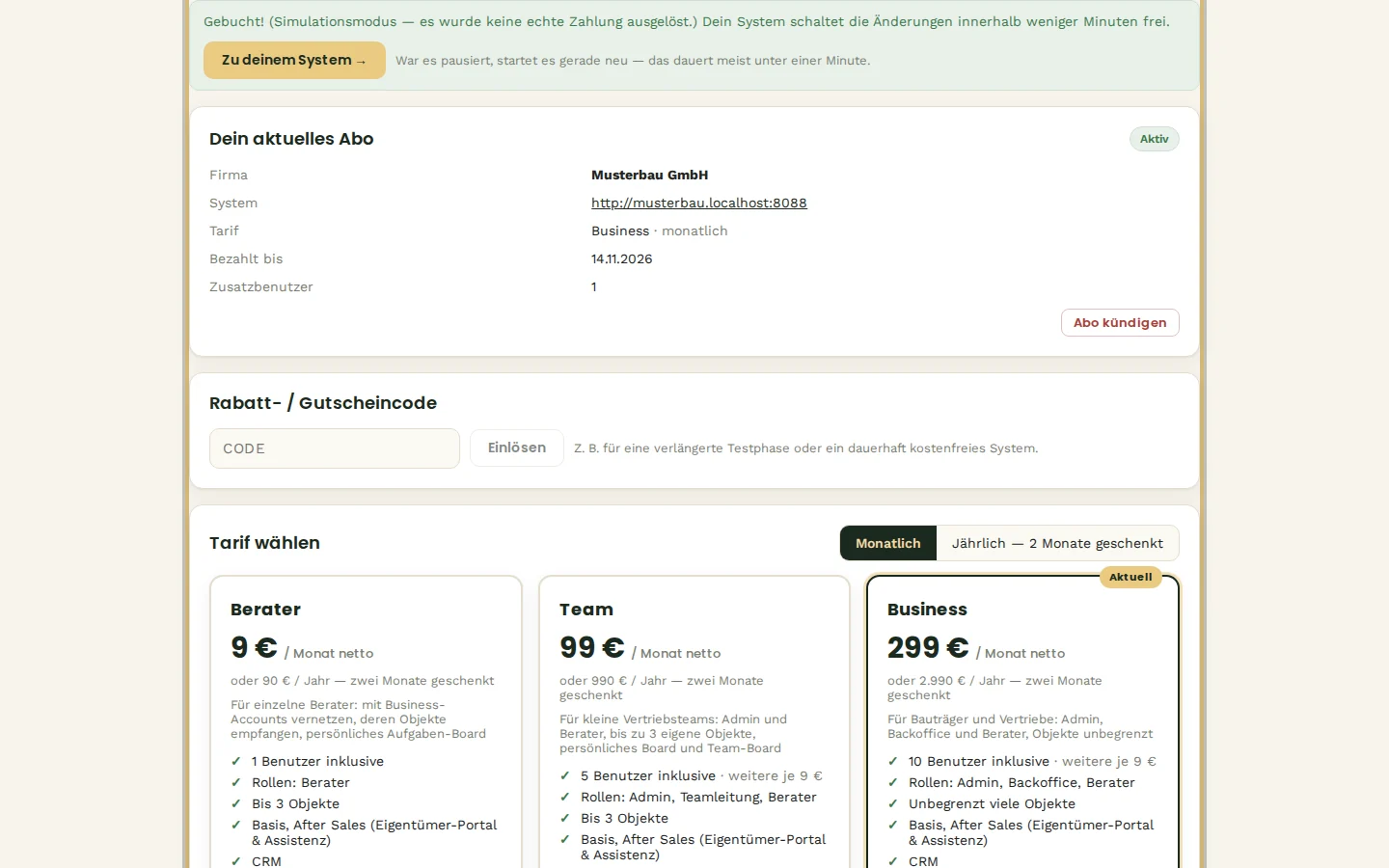 Gebucht — der Status wechselt auf „Aktiv
