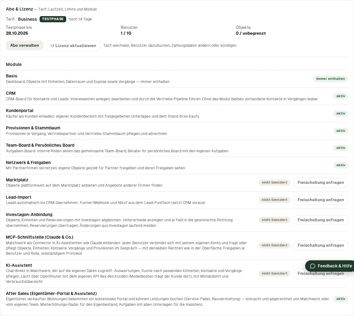 Tarif, Status, Testphase und Nutzung