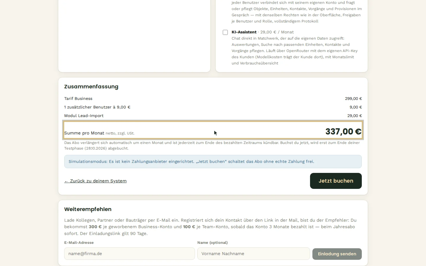 Ein Zusatzbenutzer und das Zusatzmodul Lead-Import — Summe pro Monat