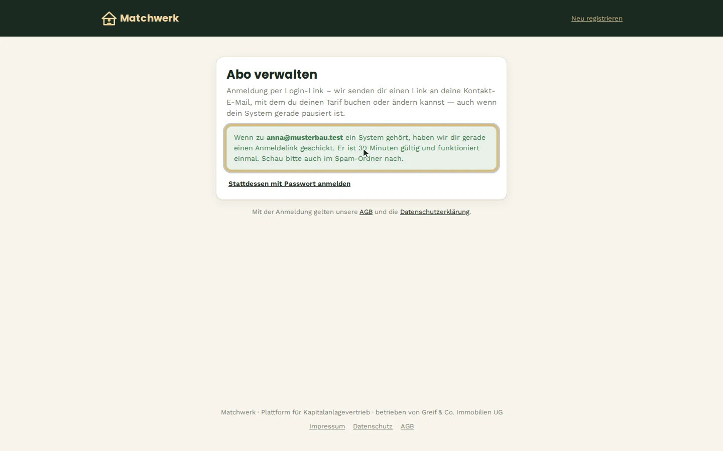 Anmeldelink angefordert