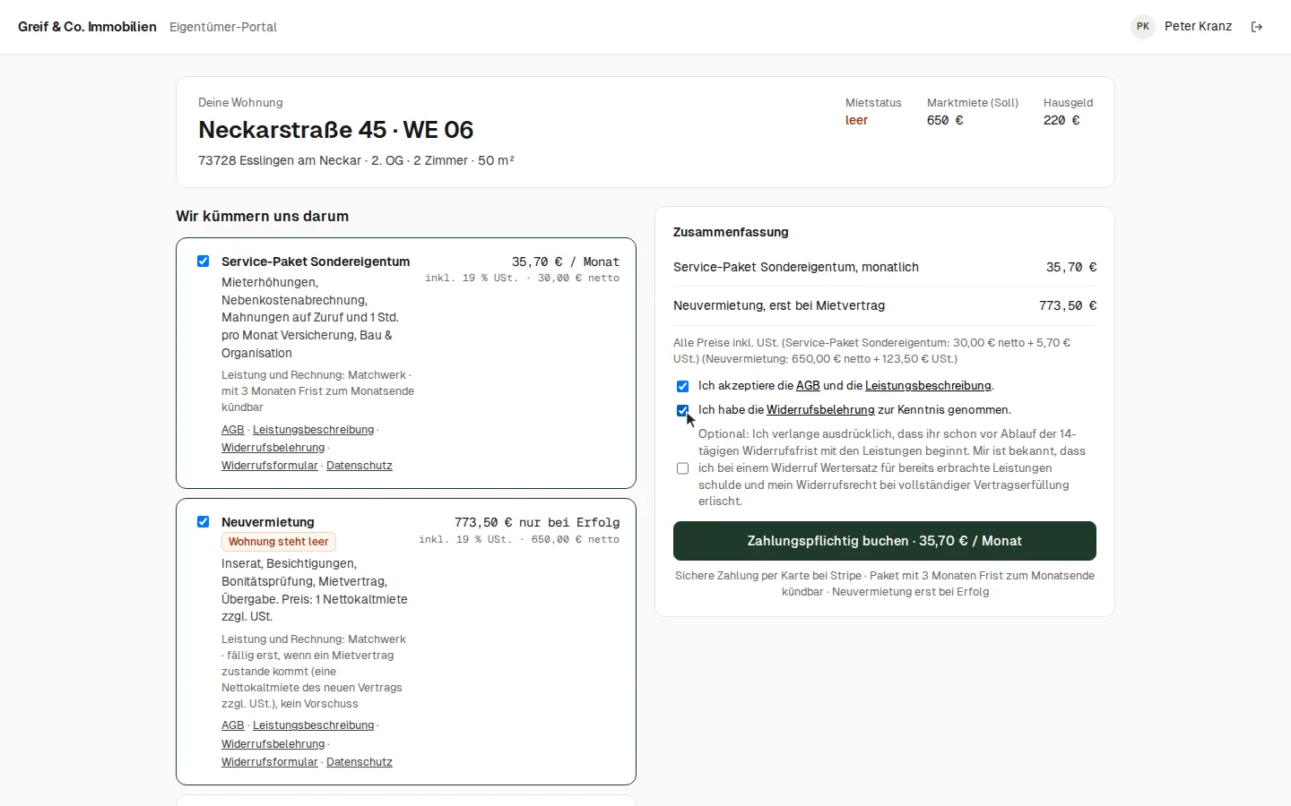 Im Portal: Auswahl, Zustimmung und „Zahlungspflichtig buchen“