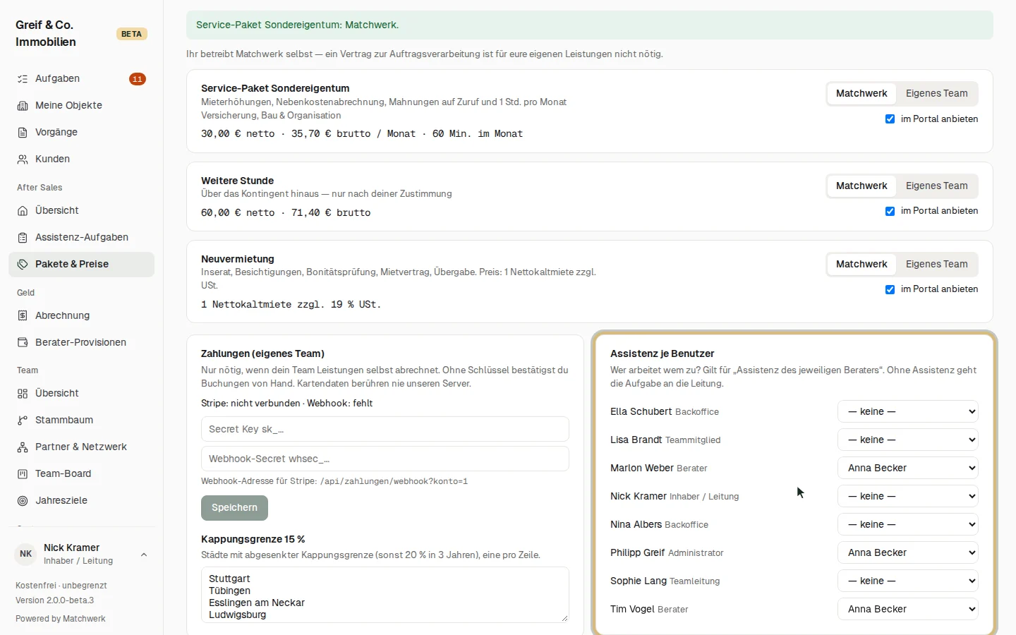 Zahlungen, Kappungsgrenze und Assistenz je Benutzer