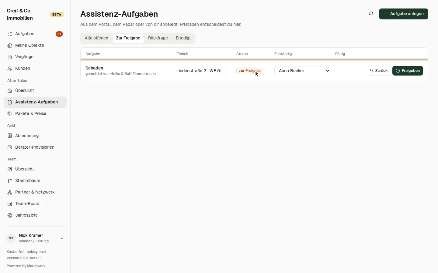 Der Filter „Zur Freigabe“: eine Schadensmeldung wartet auf dich