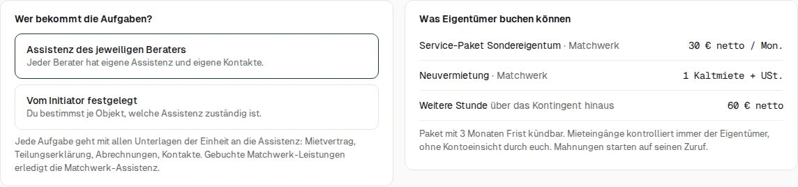 Aufgaben-Zuweisung und buchbare Leistungen
