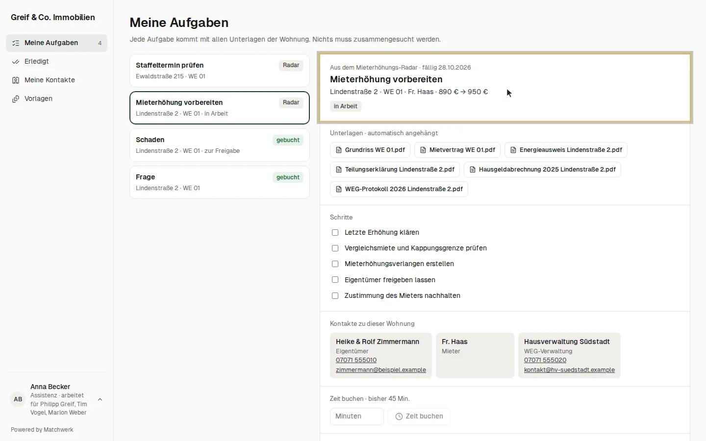 Kopf einer Aufgabe: Herkunft, Fälligkeit, Wohnung, Status
