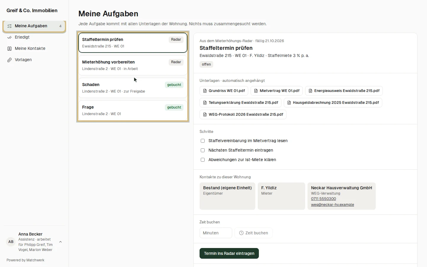 Meine Aufgaben: links die Liste, rechts die gewählte Aufgabe