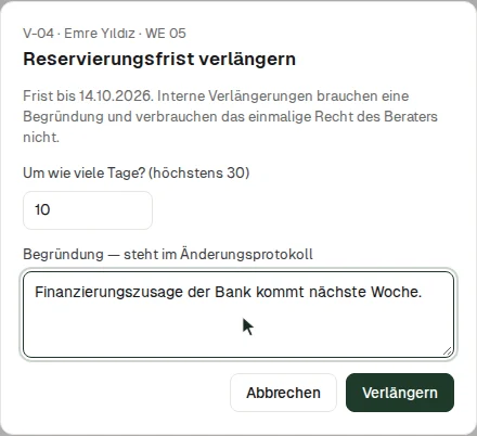 Reservierungsfrist verlängern mit Begründung