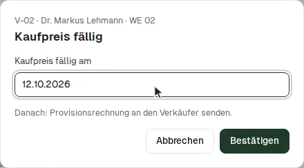 Schritt-Dialog „Kaufpreis fällig