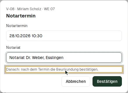 Schritt-Dialog „Notartermin