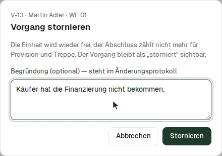 Vorgang stornieren mit Begründung