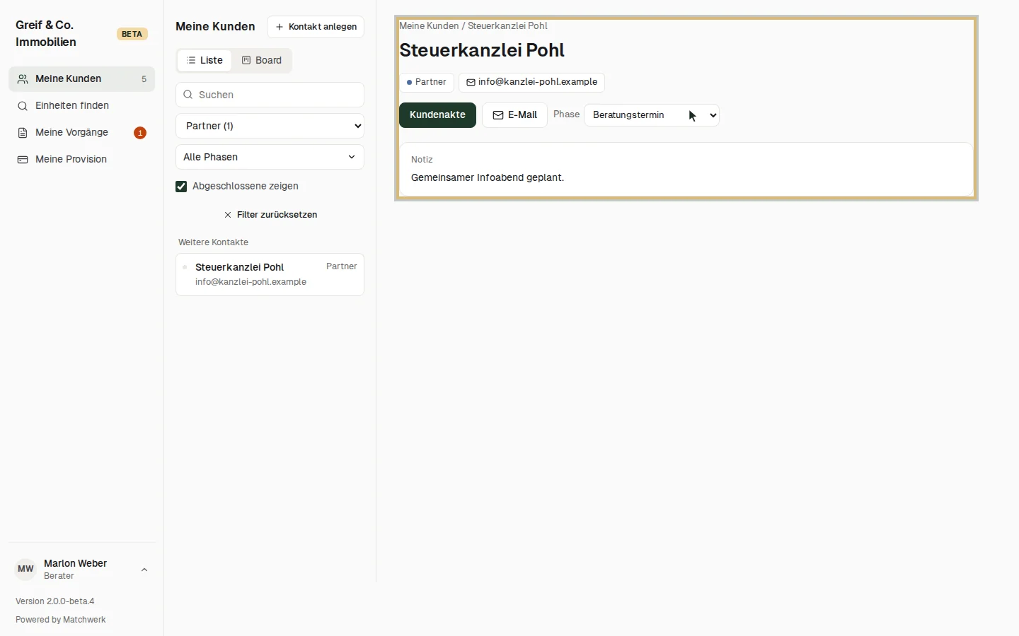 Kontaktart „Partner“: Steuerkanzlei Pohl mit Kontaktdaten und Notiz