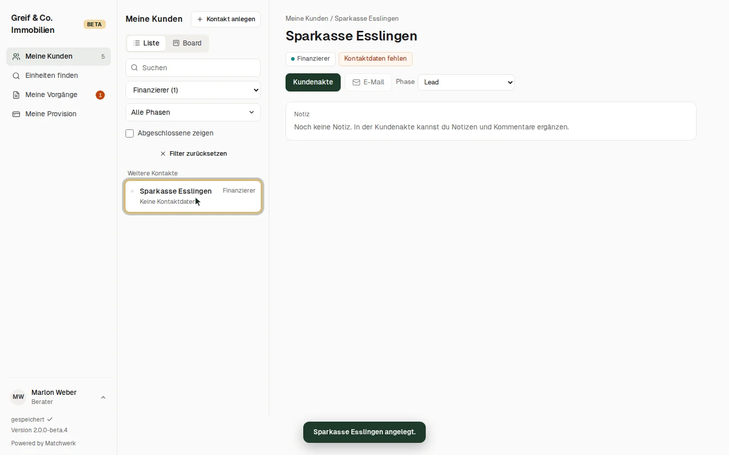Neuer Kontakt „Sparkasse Esslingen“ als Finanzierer