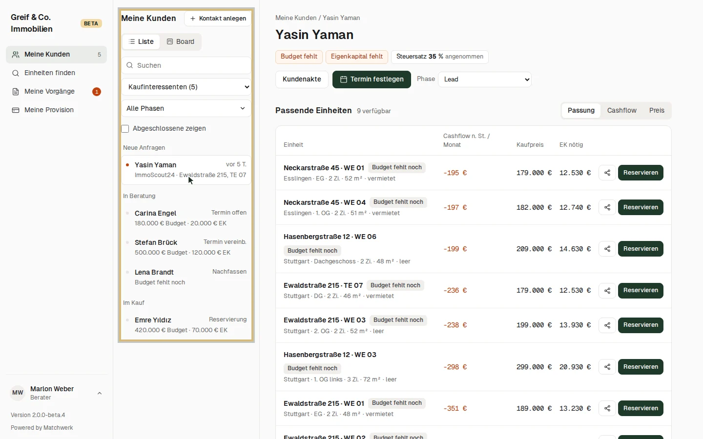 Meine Kunden: links die Liste, rechts der gewählte Kunde
