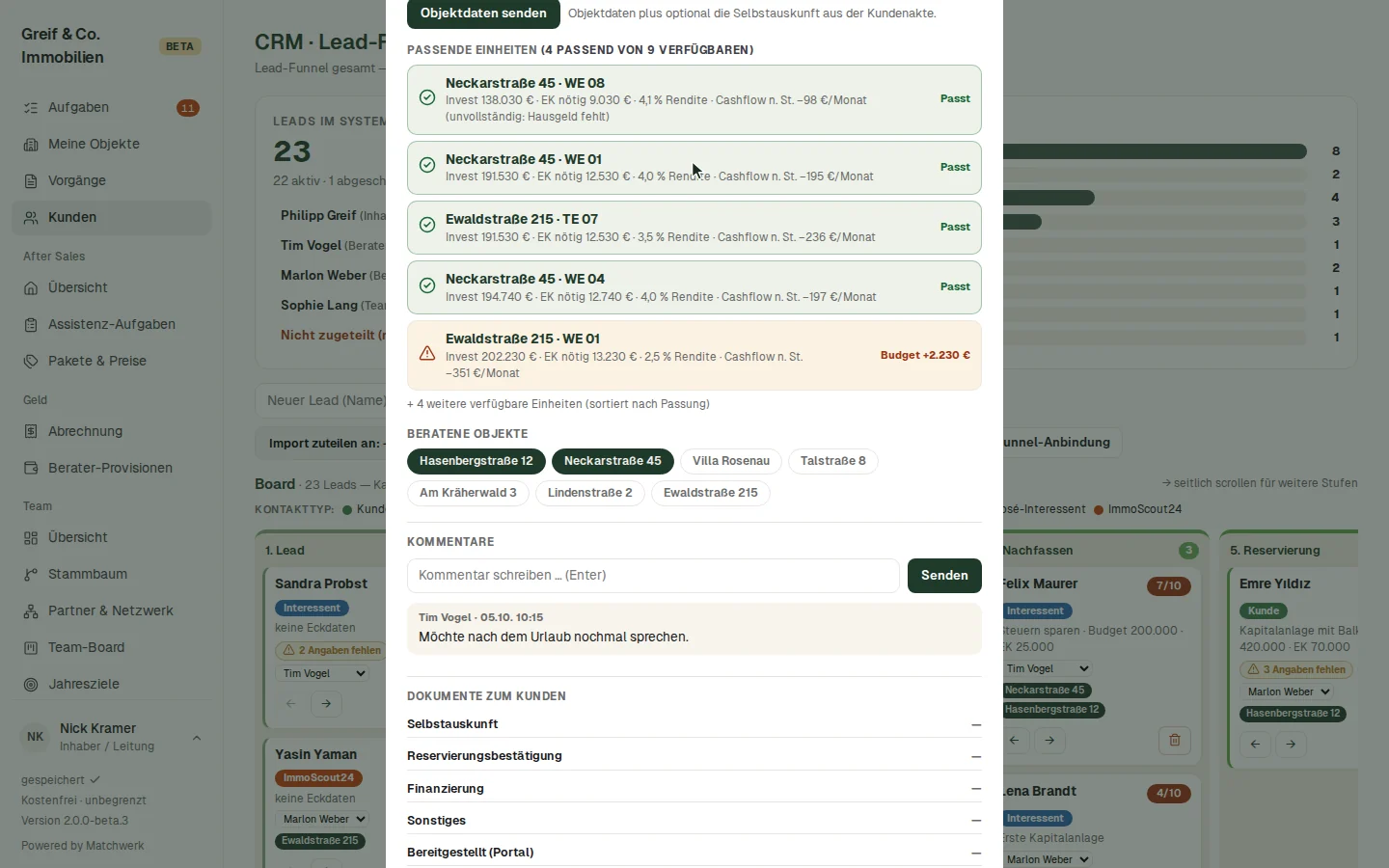 Passende Einheiten, beratene Objekte und Kommentare