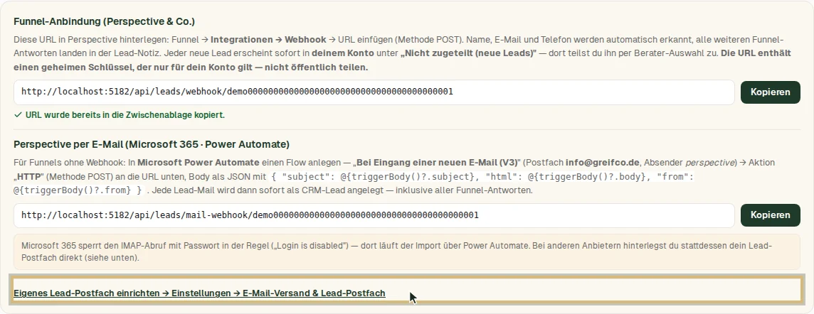 Verweis auf das eigene Lead-Postfach