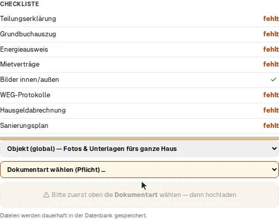 Ohne Dokumentart ist das Upload-Feld gesperrt