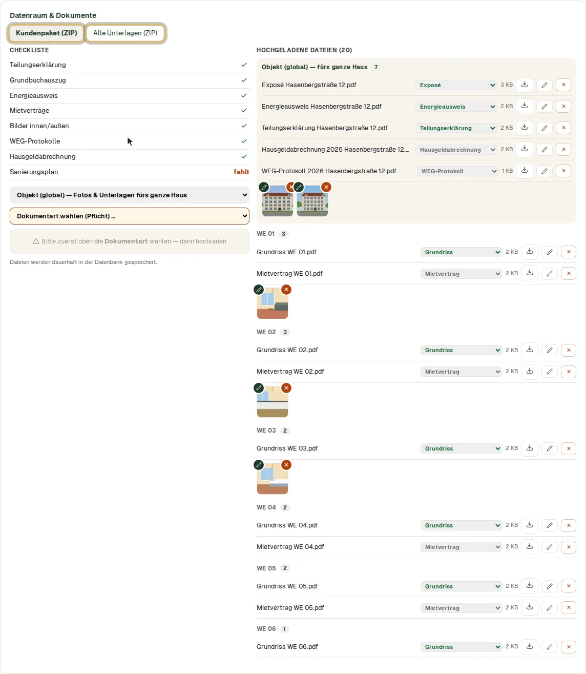Die ZIP-Knöpfe im Datenraum