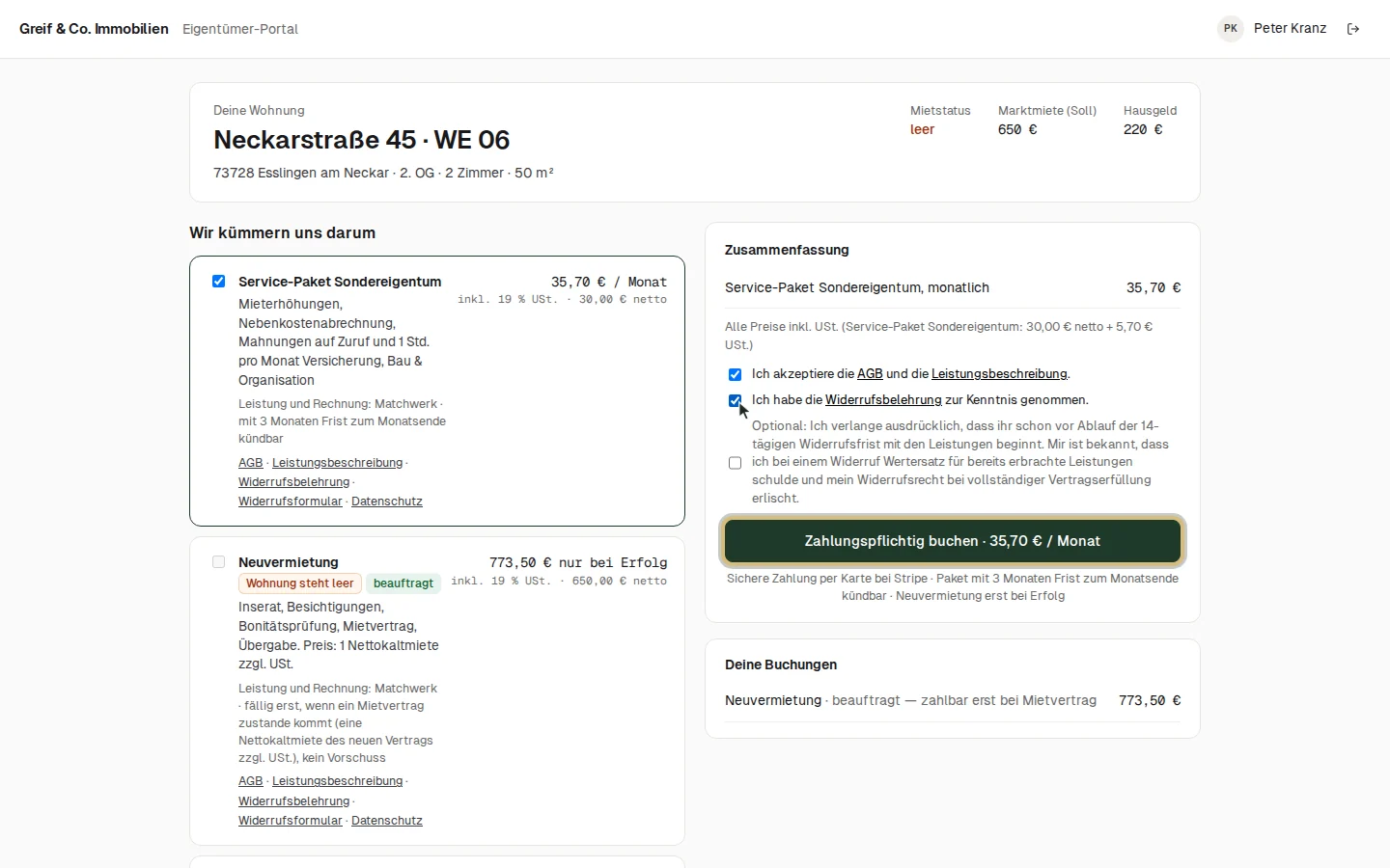 Service-Paket gewählt: „Zahlungspflichtig buchen · 35,70 € / Monat“
