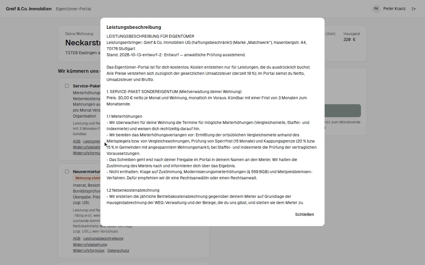 Die Leistungsbeschreibung im Portal