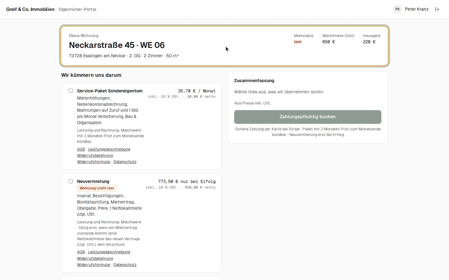 Das Eigentümer-Portal mit der Wohnung von Peter Kranz