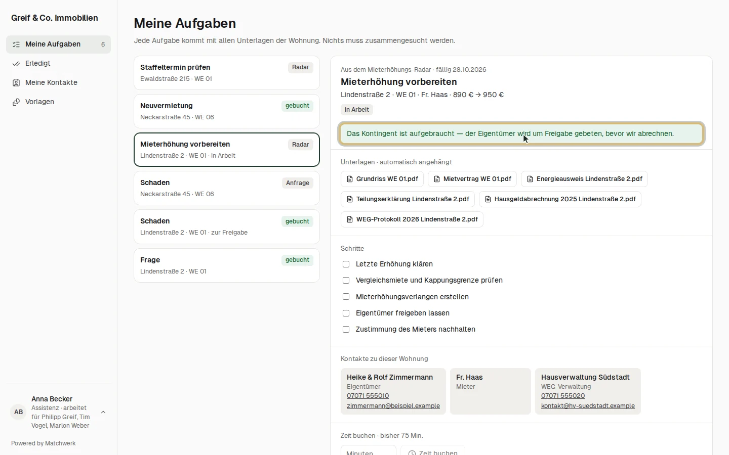 Die Assistenz bucht Zeit über das Kontingent hinaus