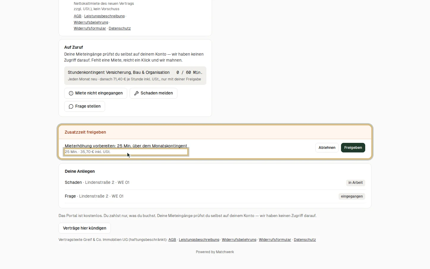 Zusatzzeit freigeben — mit Minuten und Preis