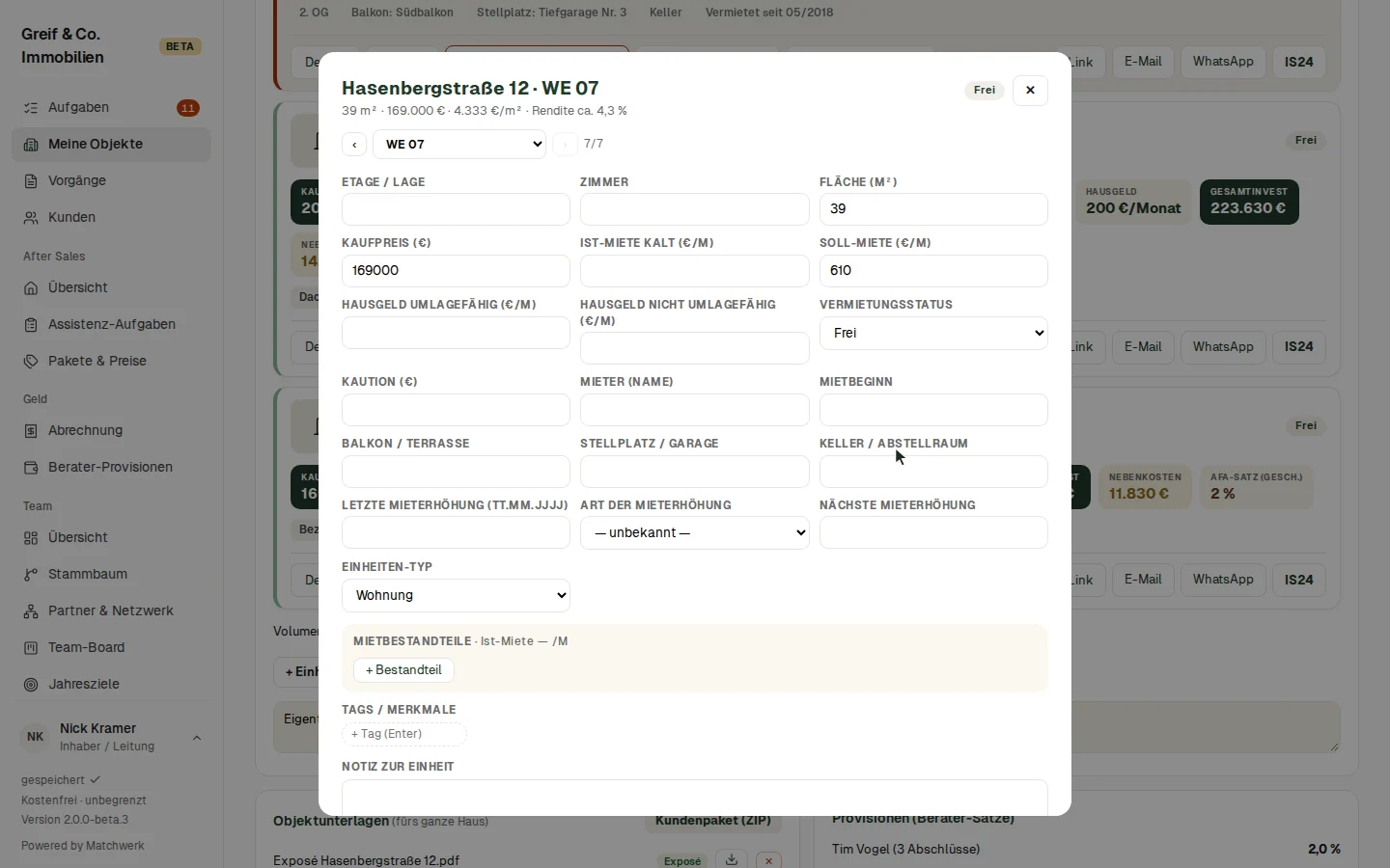 Das Detailfenster der neuen Einheit