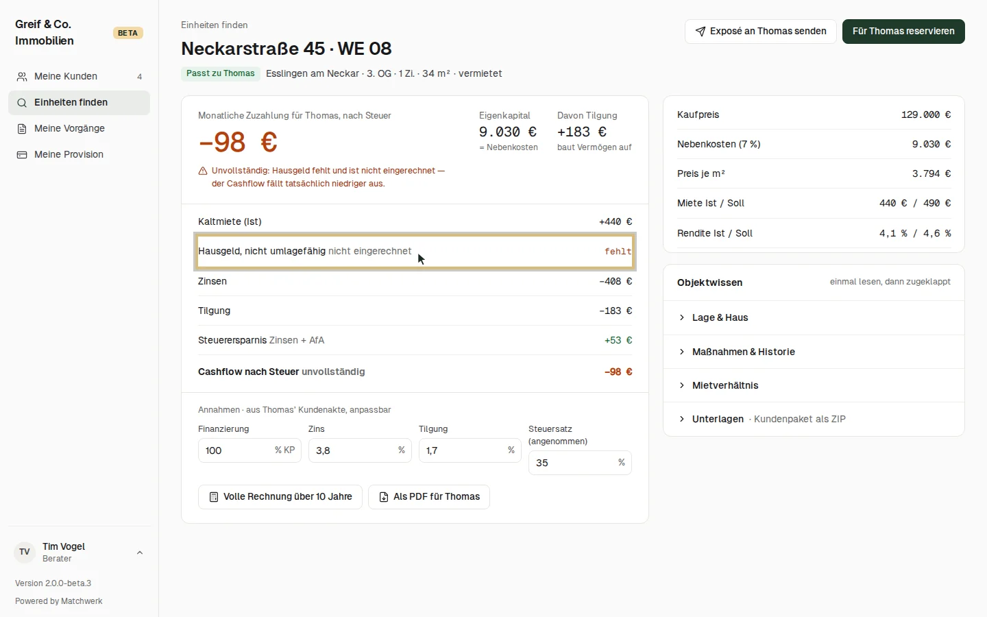 Die Rechnung für den Kunden — das fehlende Hausgeld ist markiert