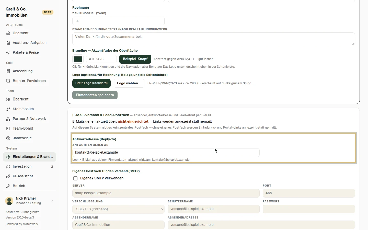 E-Mail-Versand: aktueller Weg, Antwortadresse und eigenes Postfach