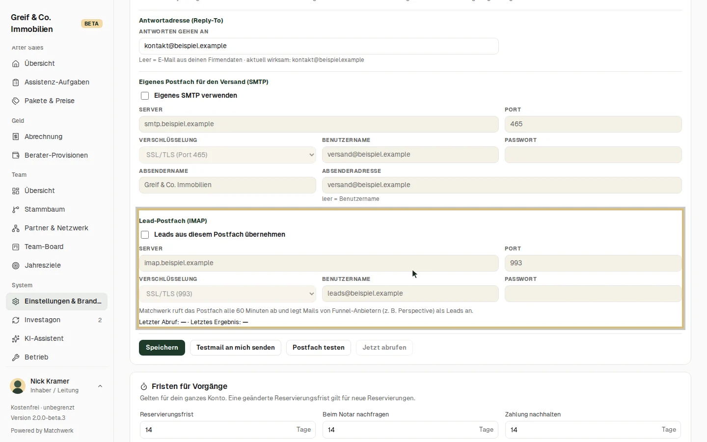 Lead-Postfach mit Abruf und Test