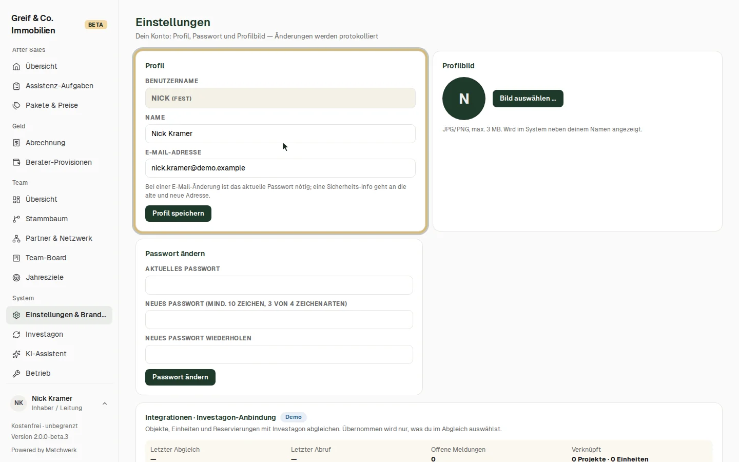 Profil, Profilbild und Passwort