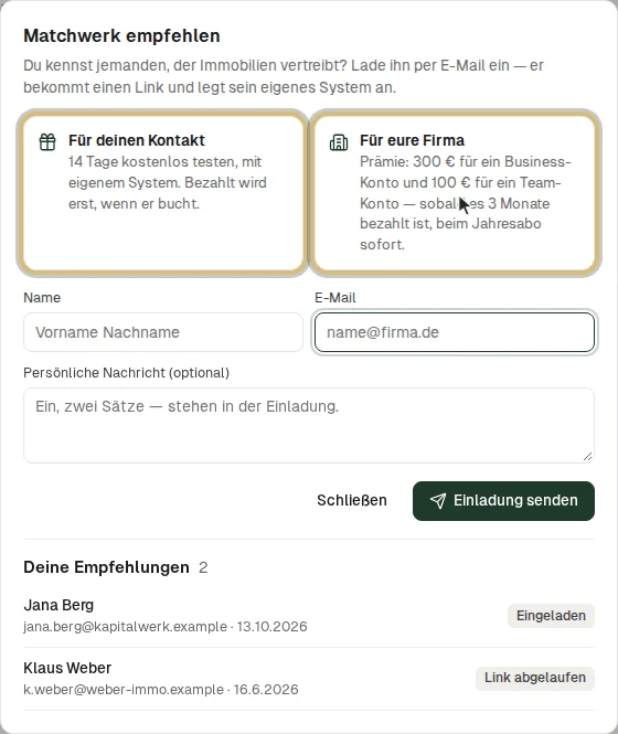 Der Dialog „Matchwerk empfehlen