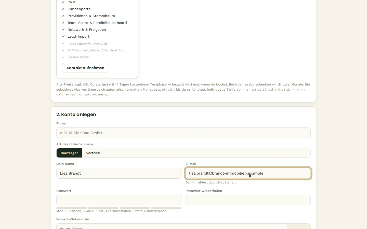 Name und E-Mail aus der Einladung sind vorbelegt