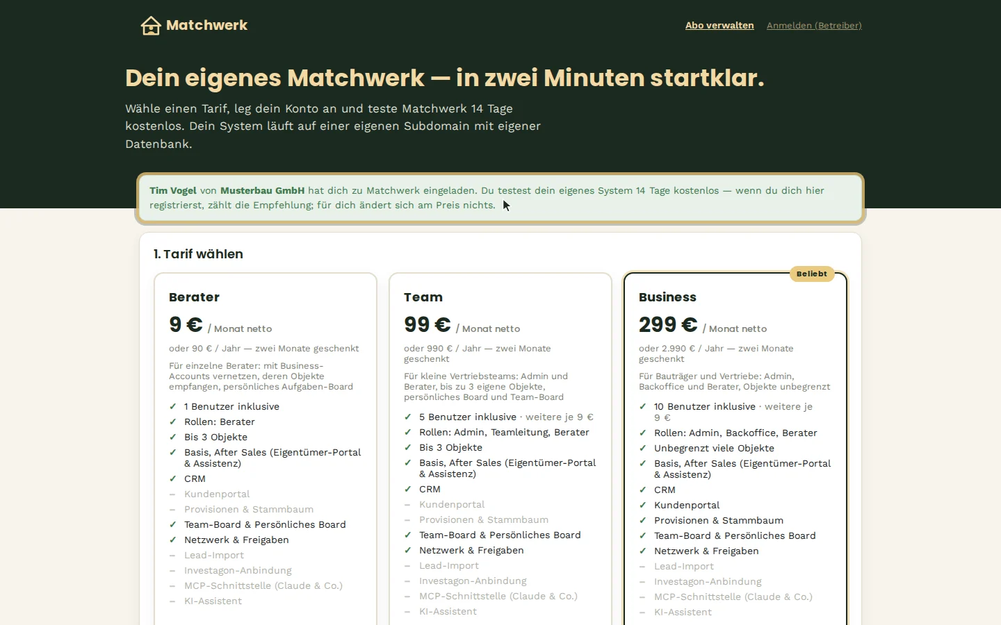 „Tim Vogel von Musterbau GmbH hat dich zu Matchwerk eingeladen