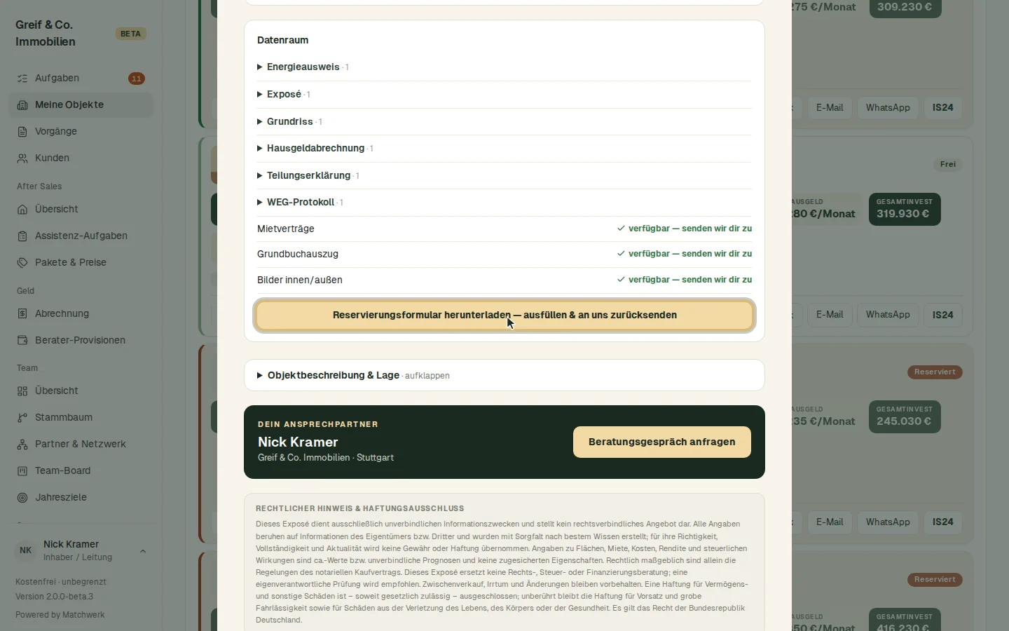 Datenraum im Exposé mit dem Reservierungsformular