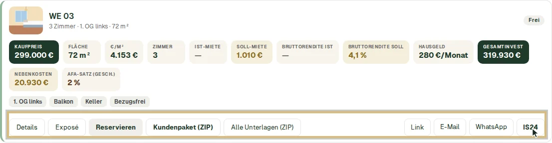 Die Teilen-Knöpfe an der Einheitenkarte