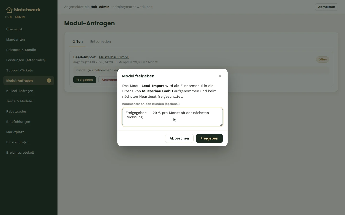 Freigabe mit Antwort an den Kunden