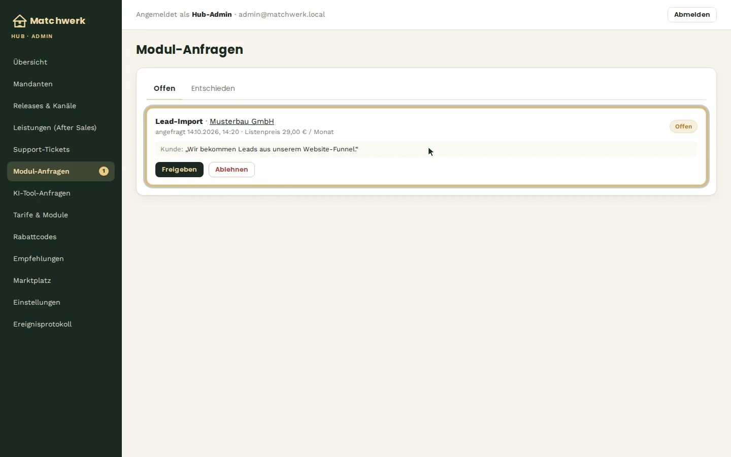 Offene Anfrage mit Kommentar des Kunden