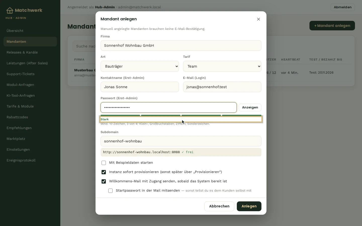 Mandant anlegen: Firma, Art, Tarif, Erst-Administrator, Subdomain