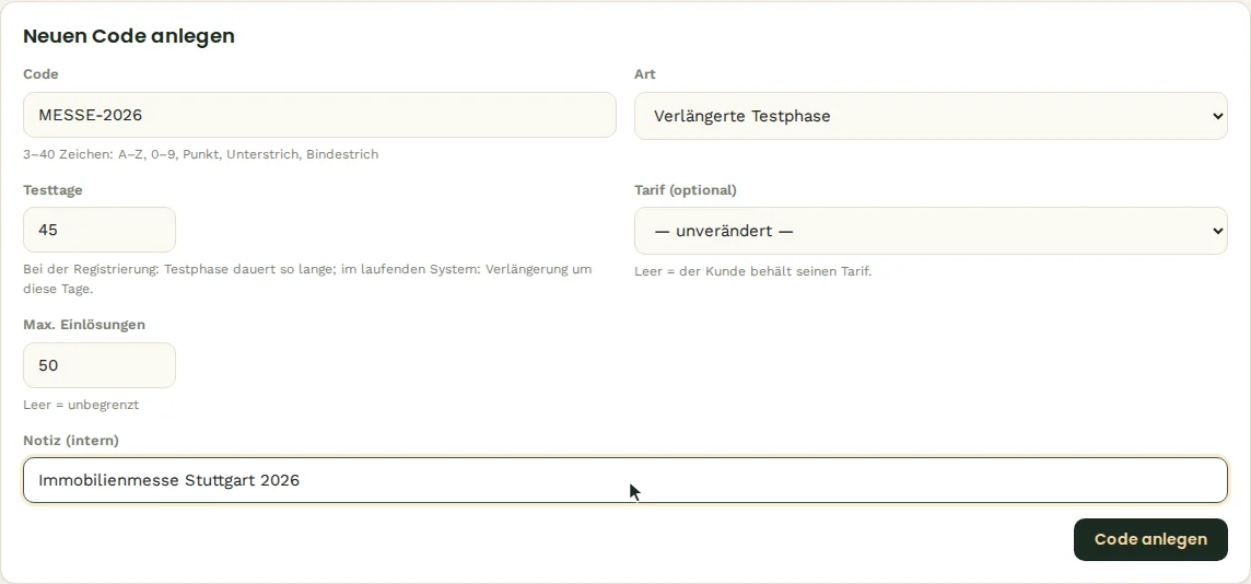Neuer Code: 45 Tage Testphase für eine Messe