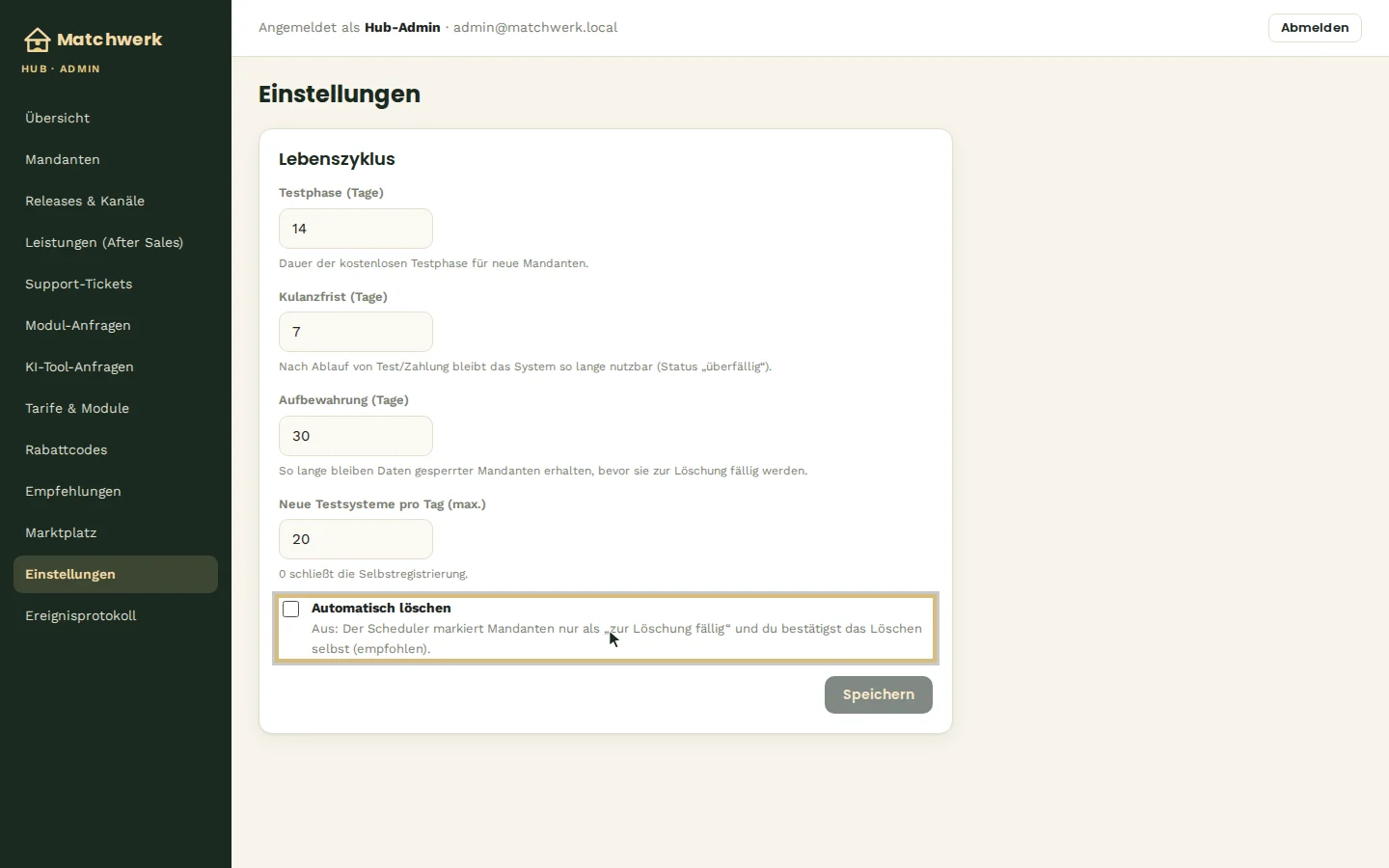 Testphase, Kulanzfrist, Aufbewahrung und automatisches Löschen