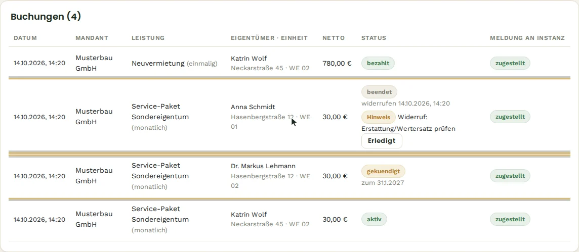 Buchungen mit Status, Hinweis nach Widerruf und Meldung an die Instanz