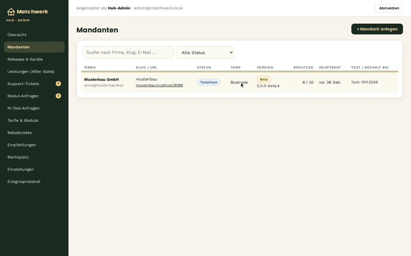 Alle Mandanten mit Status, Tarif, Version, Nutzung und Heartbeat