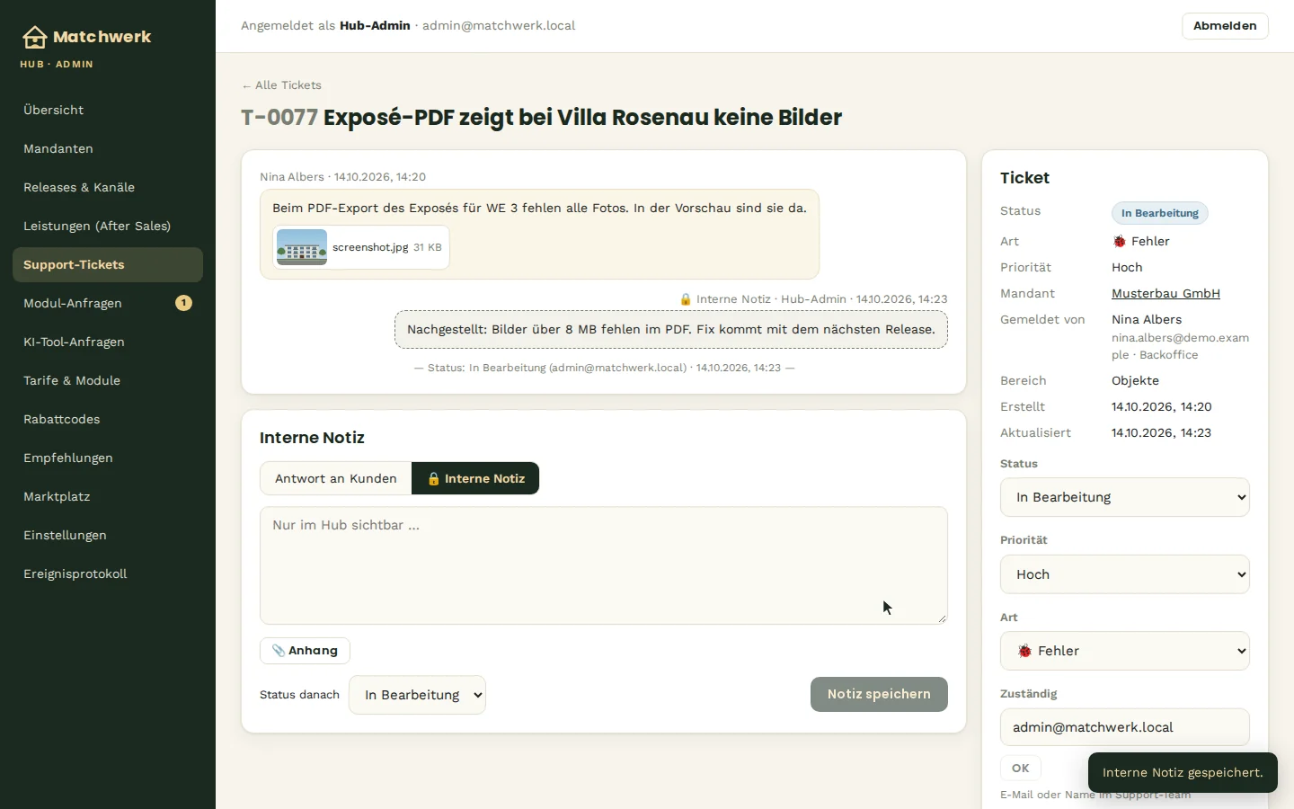 Ticket mit Anhang, interner Notiz, Status und Kontext