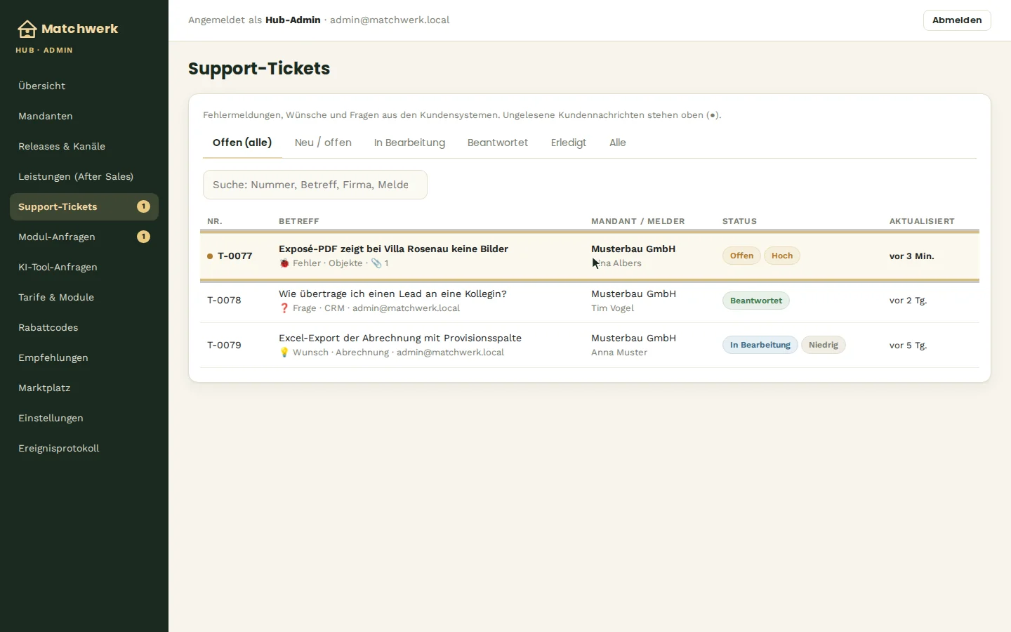 Alle offenen Tickets — ungelesene oben und fett