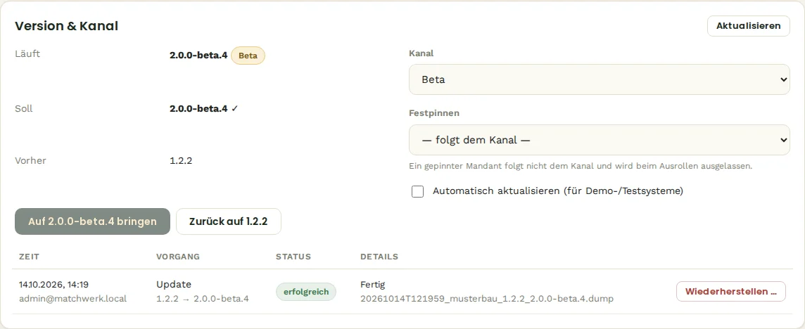 Version & Kanal: läuft Beta 2.0.0-beta.4, vorher 1.2.2, Verlauf mit Sicherung