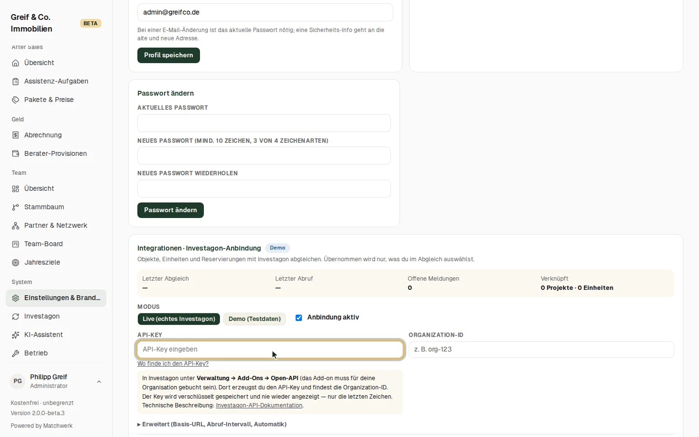 Live-Modus: API-Key, Organization-ID und die Hilfe „Wo finde ich den API-Key?