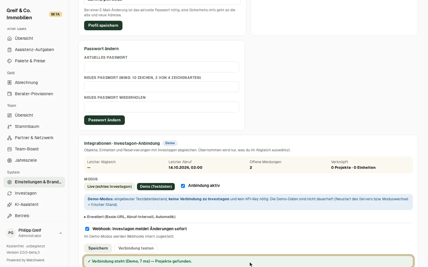 Demo-Modus aktiv, Verbindung steht