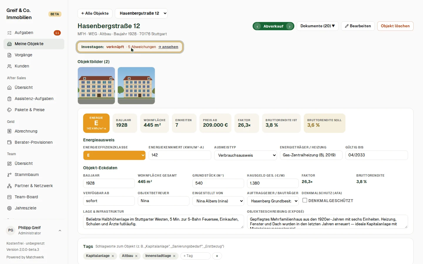 Hinweis im Objekt: verknüpft, Anzahl der Abweichungen