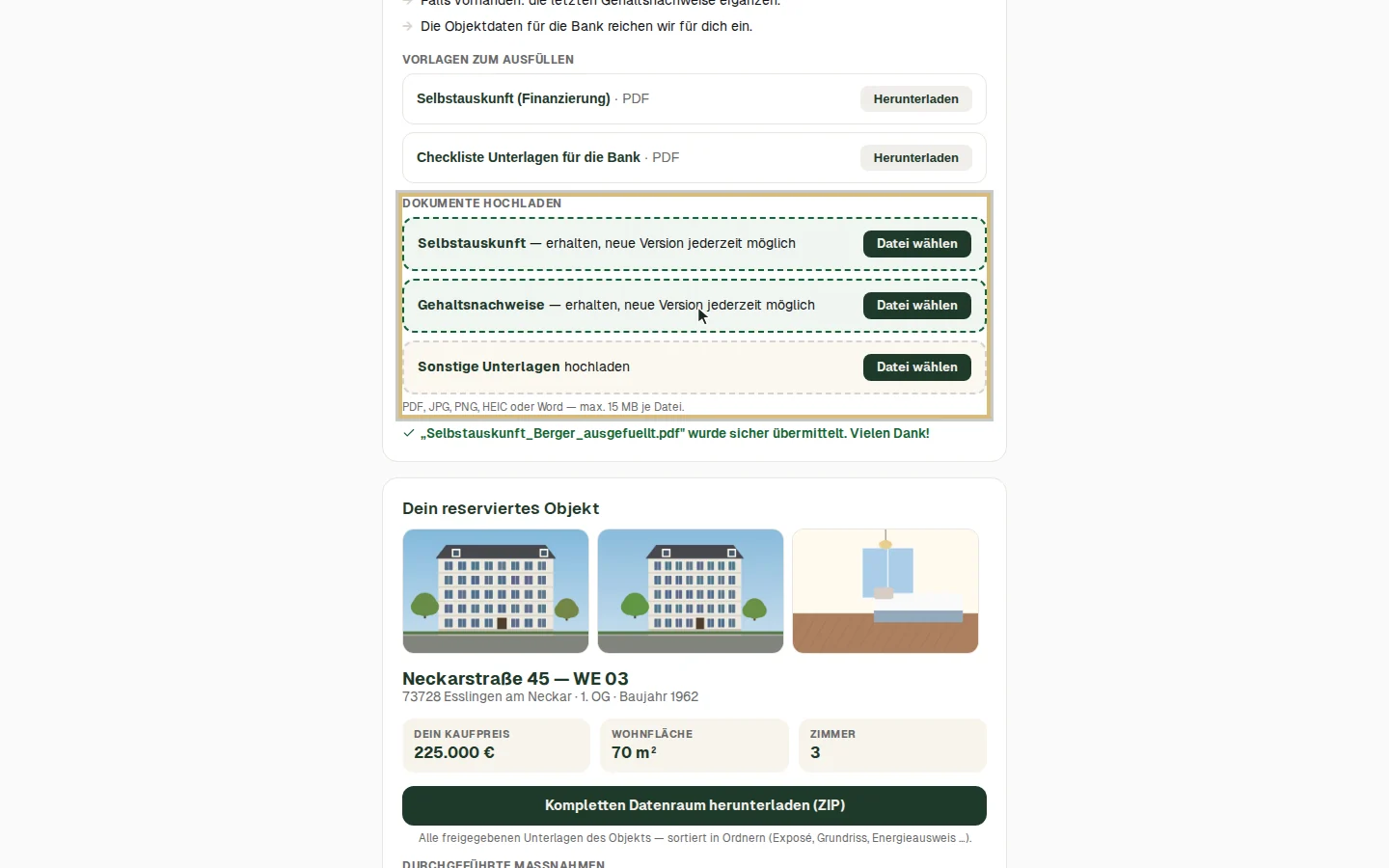 Die Selbstauskunft wurde übermittelt